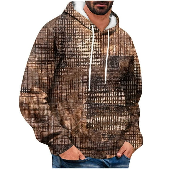 Riecok Mens Sweatshirt Hoodie Pullover Drawstring Printed Long Sleeve Tops with Pocket Versatile Sweat Shirts Brown XL