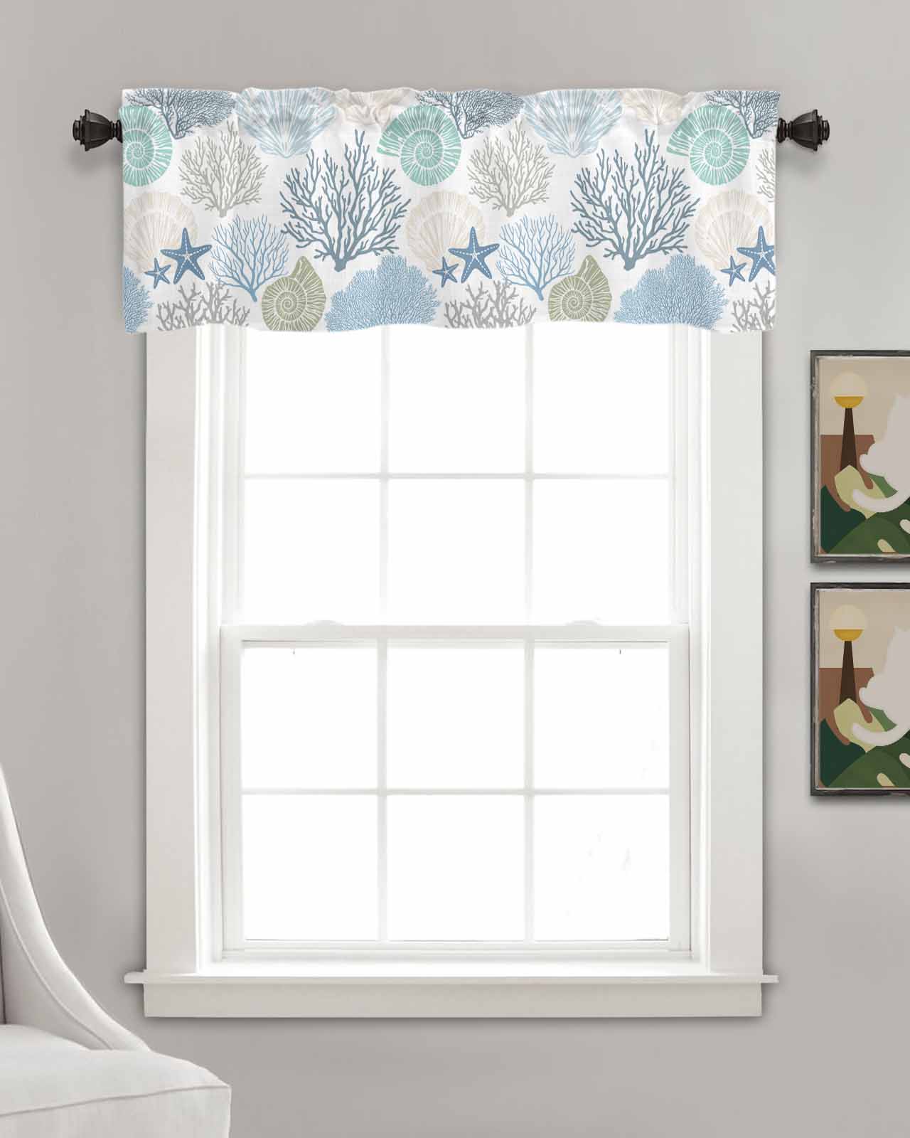 Blue Coastal Kitchen Valances for Windows Farmhouse Linen Window Valance Curtain for Living Room Window Treatment Summer Ocean Beach Starfish Shell Coral Valance Rod Pocket Topper Drape, 42 x 18 Inch