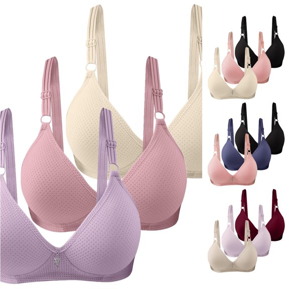 Vrotazzy 3PC Women Solid Cup Gathered Breathable Side Fold Adjustable Shoulder Strap Large Bra Underwear Set 3PCS