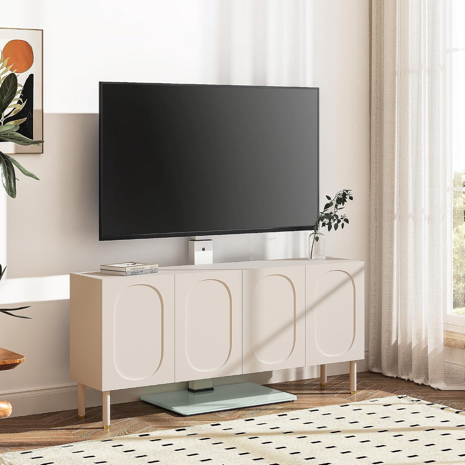 FITUEYES Floor TV Stand for 32–75 Inch TVs, White, Swivel Mount, Tempered Glass Base