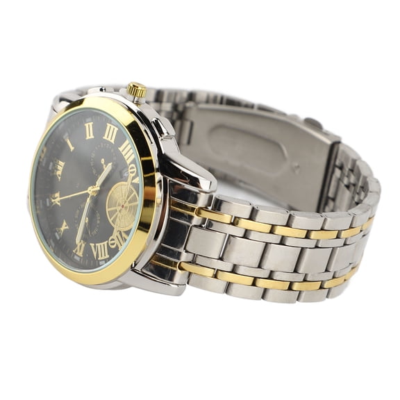 Men Quartz Analog Watch Accurate Timekeeping Stainless Steel Chronograph Business Dress Wristwatch Gold Shell Black Face (7.48 in / 19.0 cm)