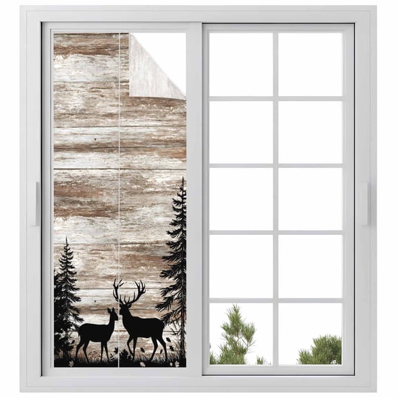 Deer Silhouettes Window Privacy Film, Trees Wooden Retro Art Farmhouse Static Cling UV Sun Blocking Heat Control Window Tint Day and Night, Non-Adhesive One Way Windows Privacy Cover 23.6''x59''