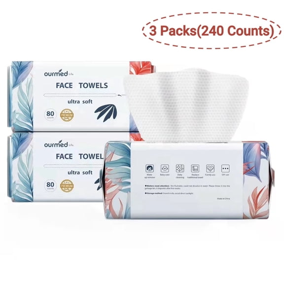 Ourmed Life Face Towels, Disposable Thick Makeup Remover Dry Wipes, 80 Counts per pack, 7.8" x 7.8", 3 pack