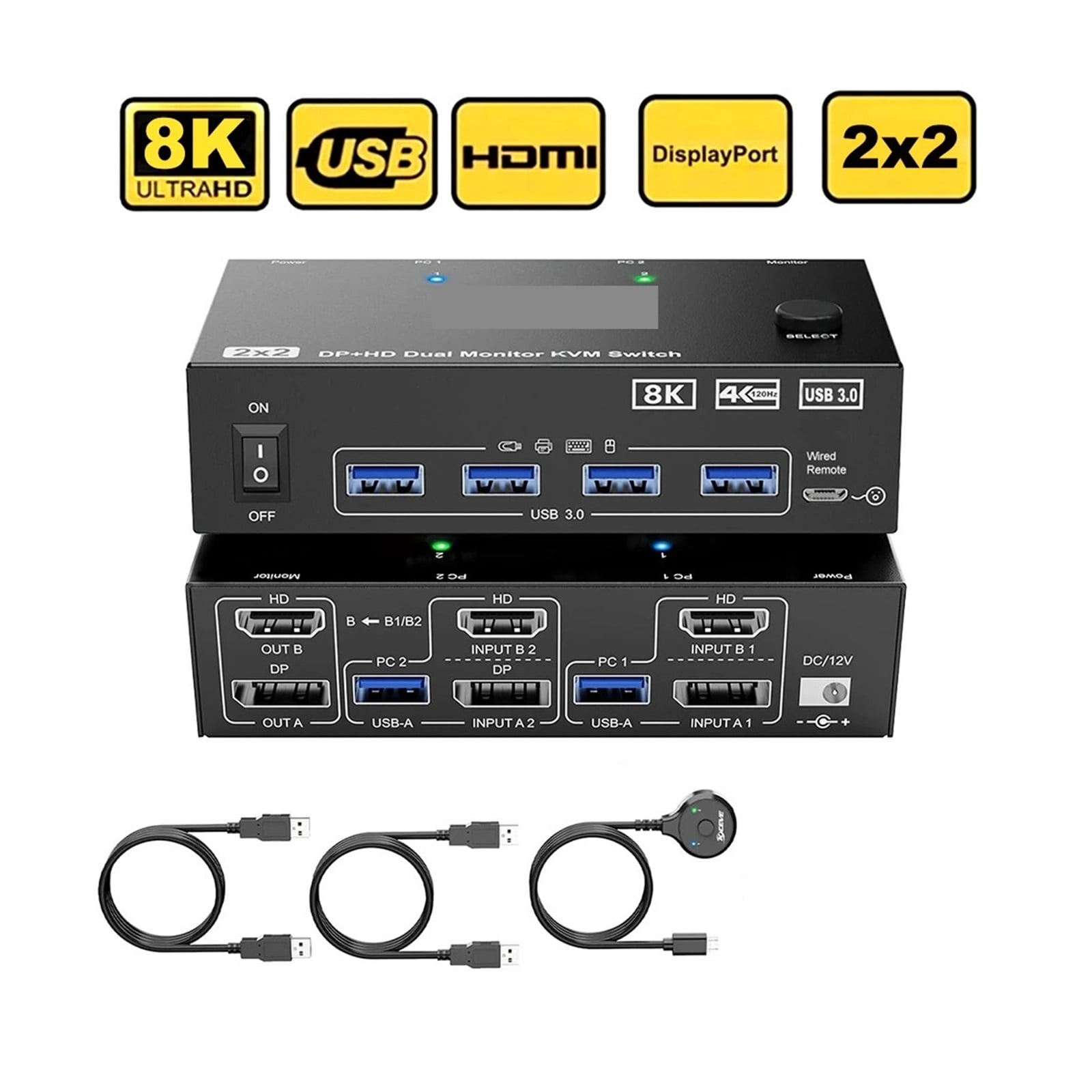 Dual Monitor KVM Switch 2 Port 8K@60Hz 4K@144Hz -Compatible+DP USB 3.0 Switch Extended Display 2 Monitors 2 Computers