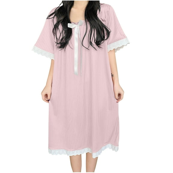 Oksale Lace Trim Nightgown for Women Trendy Textured Nightdress Ruffle Mid Length Sleep Shirt Short Sleeve Loungewear Lace Front Sleepwear Loose Fit Pajama Dress Pink M