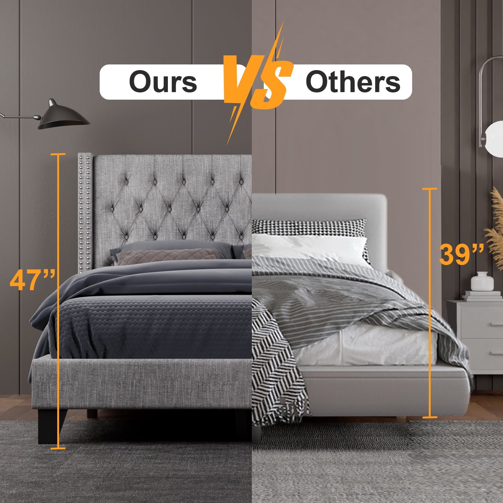 Nathaniel Home, Fabric Linen King Bed Frame, with Tufted Upholstered Headboard, Nailhead Button Platform Bed Frame for Bedroom, Gray