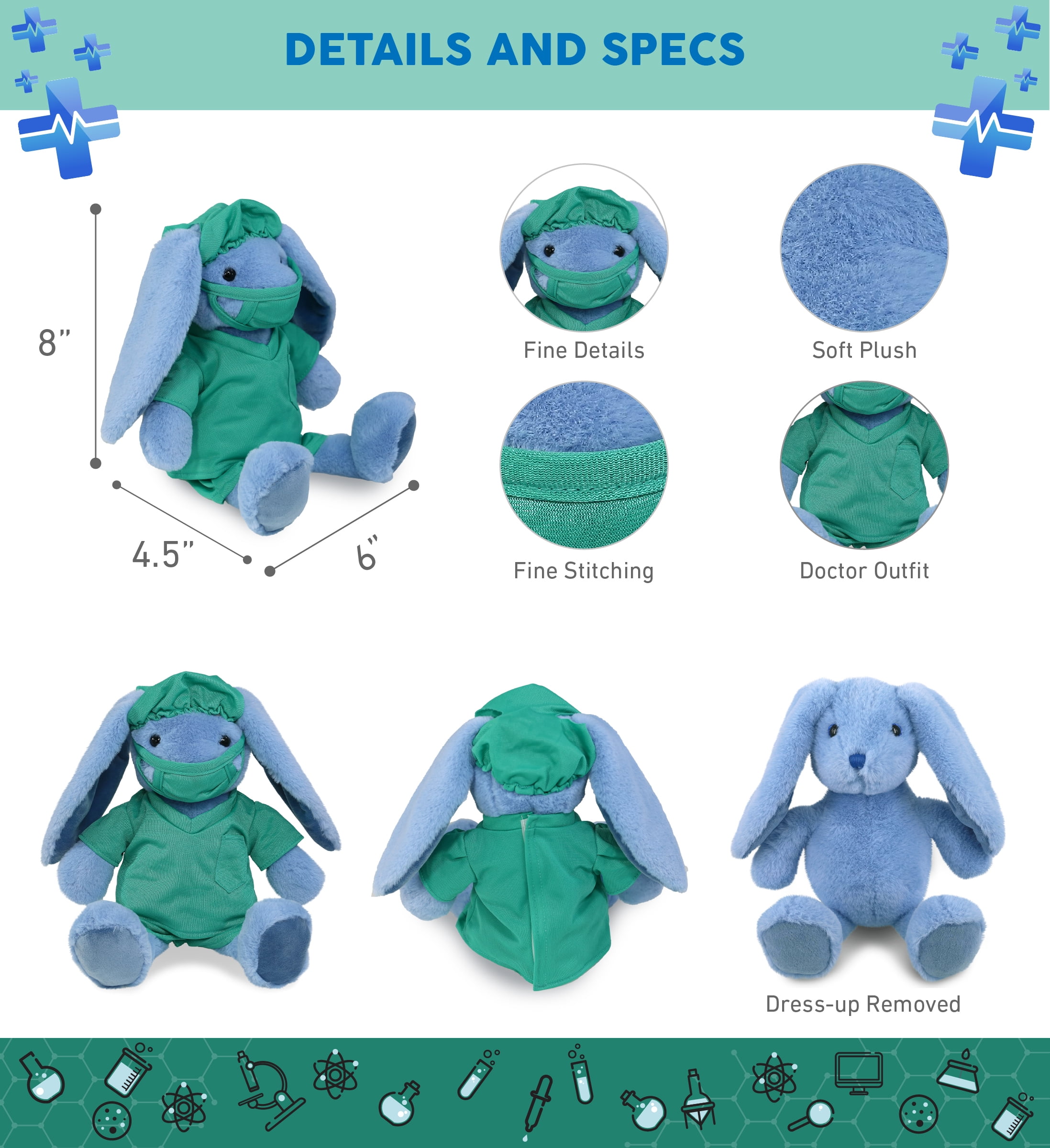 DolliBu Baby Blue Rabbit Doctor Plush Toy - Super Soft Rabbit Doctor Stuffed Animal Dress Up with Cute Scrub Uniform and Cap Outfit - Fluffy Toy Plush Gift for Doctor, Nurse, Surgeon, Dentist - 8 Inch