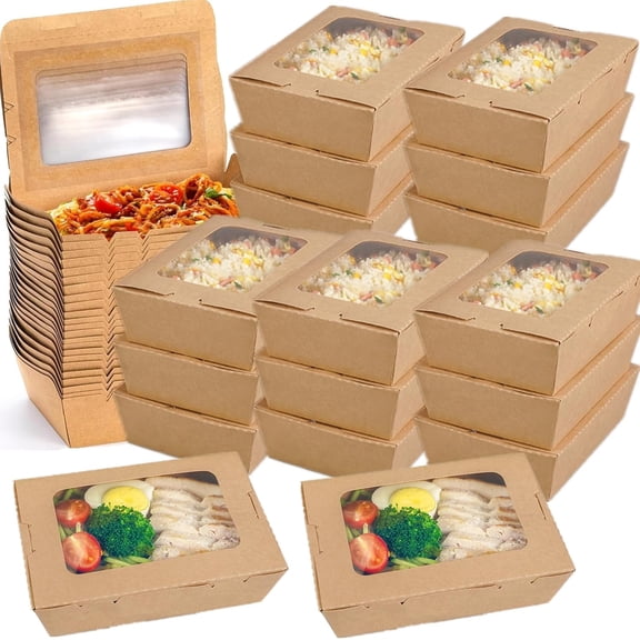 50 Pack Take Out Food Containers with Window, 40 oz Microwaveable Kraft Paper To-Go Boxes, Foldable Pastry Containers for Catering, Restaurants, Parties, Meal Prep