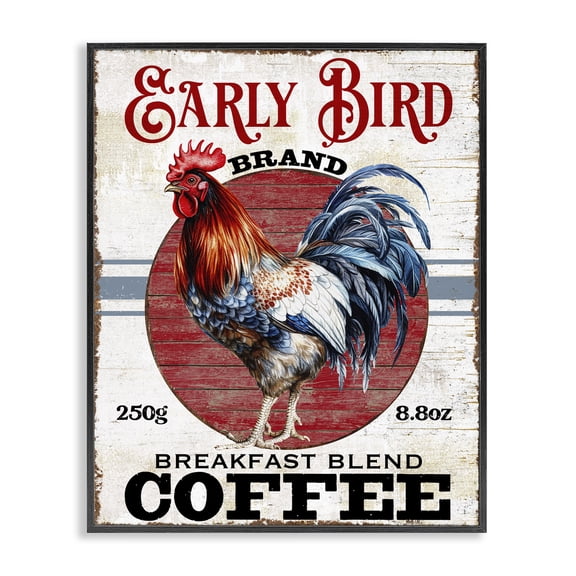 Stupell Industries Vintage Early Bird Coffee Food & Beverage Painting Black Framed Art Print Wall Art, 11 x 14