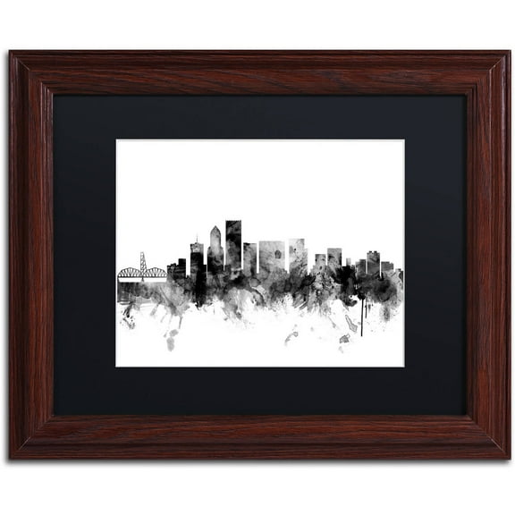Trademark Fine Art "Portland Oregon Skyline B&W" Canvas Art by Michael Tompsett, Black Matte, Wood Frame