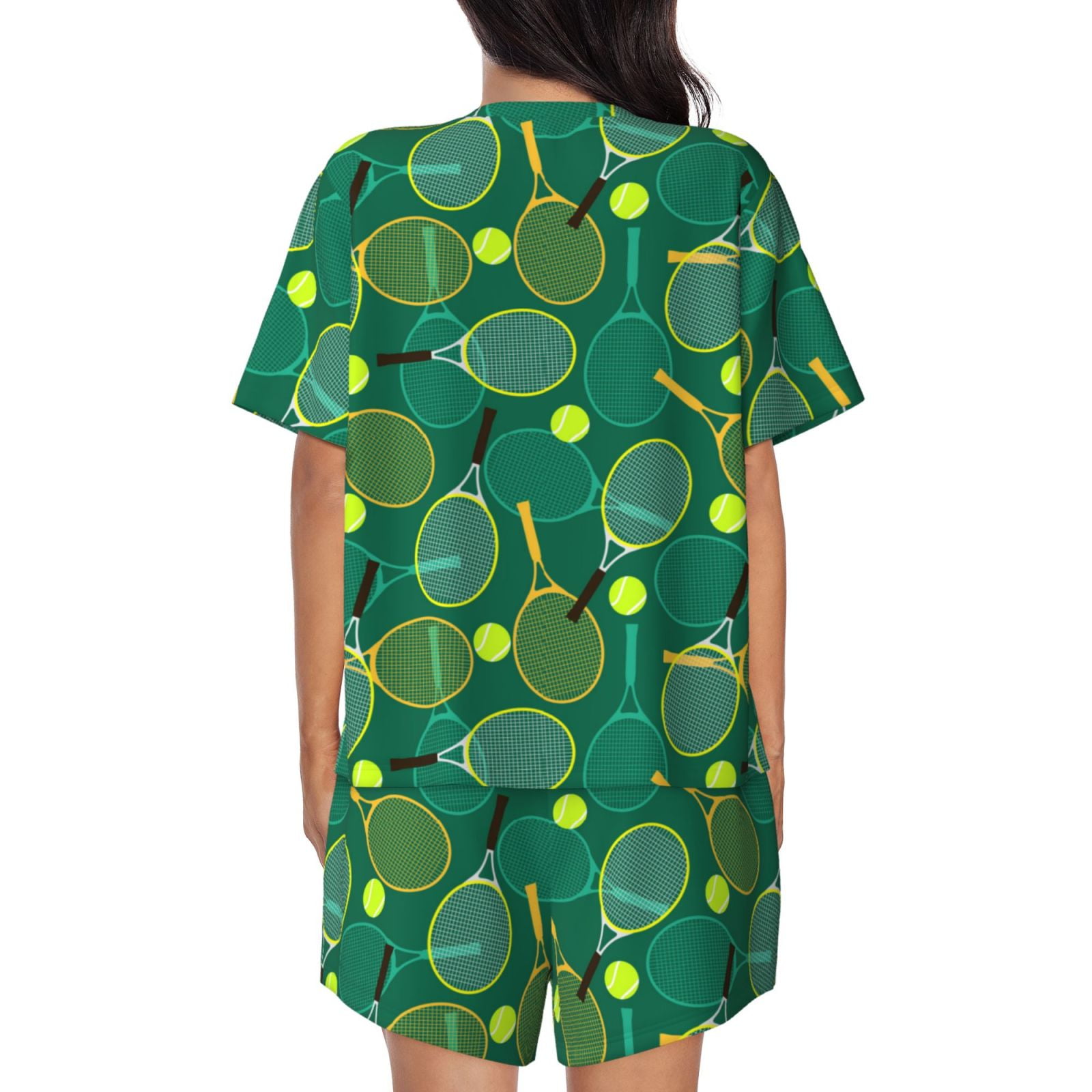 Naloa Tennis Rackets and Balls Women's Short-Sleeved Pajama Set, Loungewear, Summer pajamas, Breathable Cozy - Large