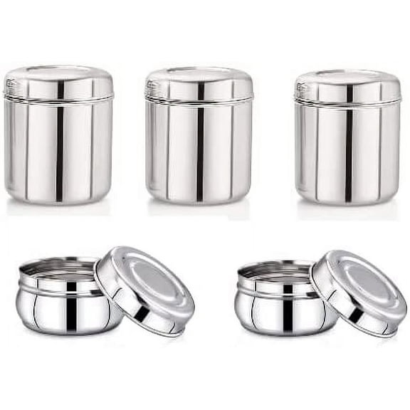 Stainless Steel Canisters/Containers Set of 5 (100, 150, 300, 500, 600ML), Container for Kitchen, Pulses/Tea/Coffee/Sugar/Spices/Flour/Milk, (Pack of 1)