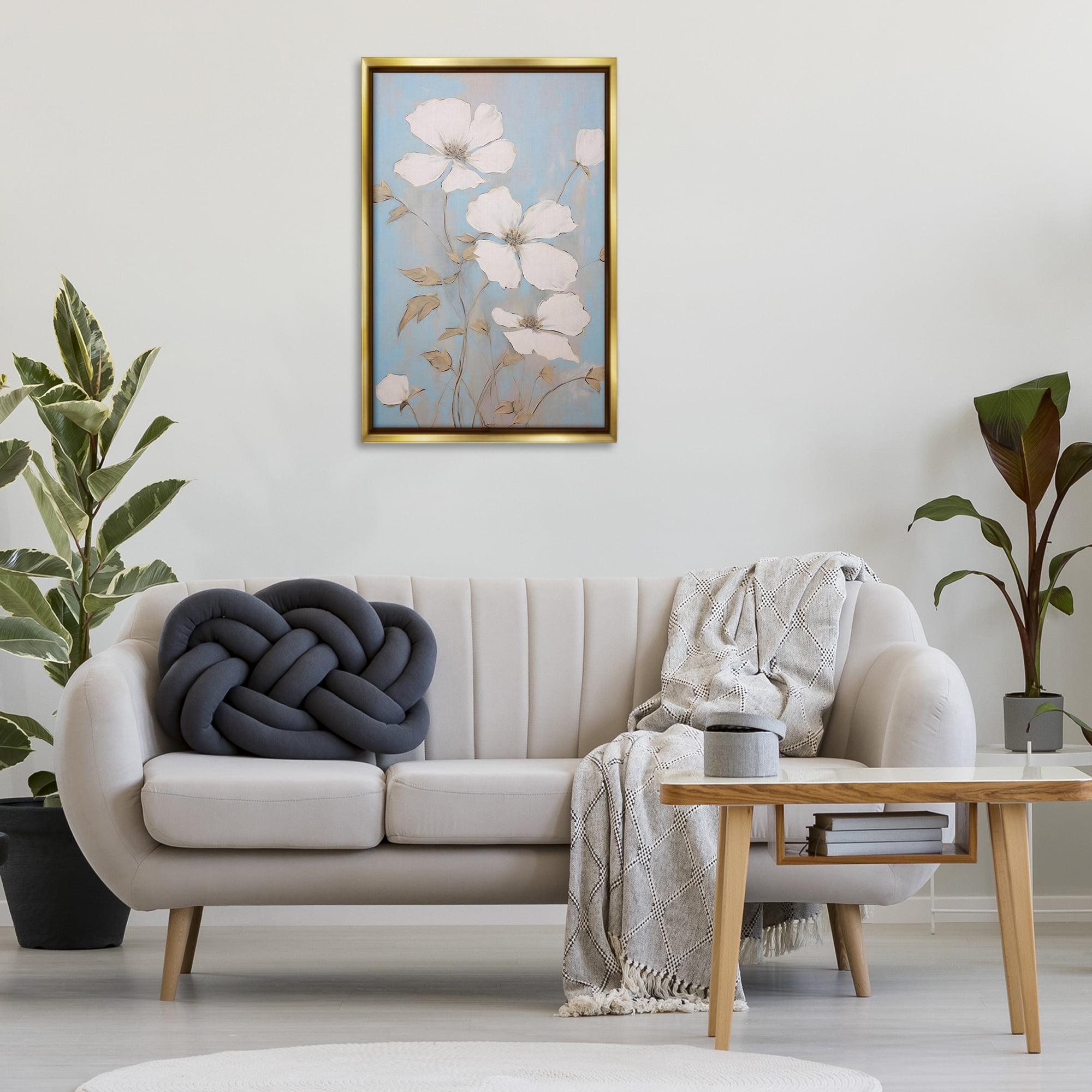 Stupell Industries White Petal Flowers Botanical & Floral Painting Gold Floater Framed Art Print Wall Art, 21 x 31