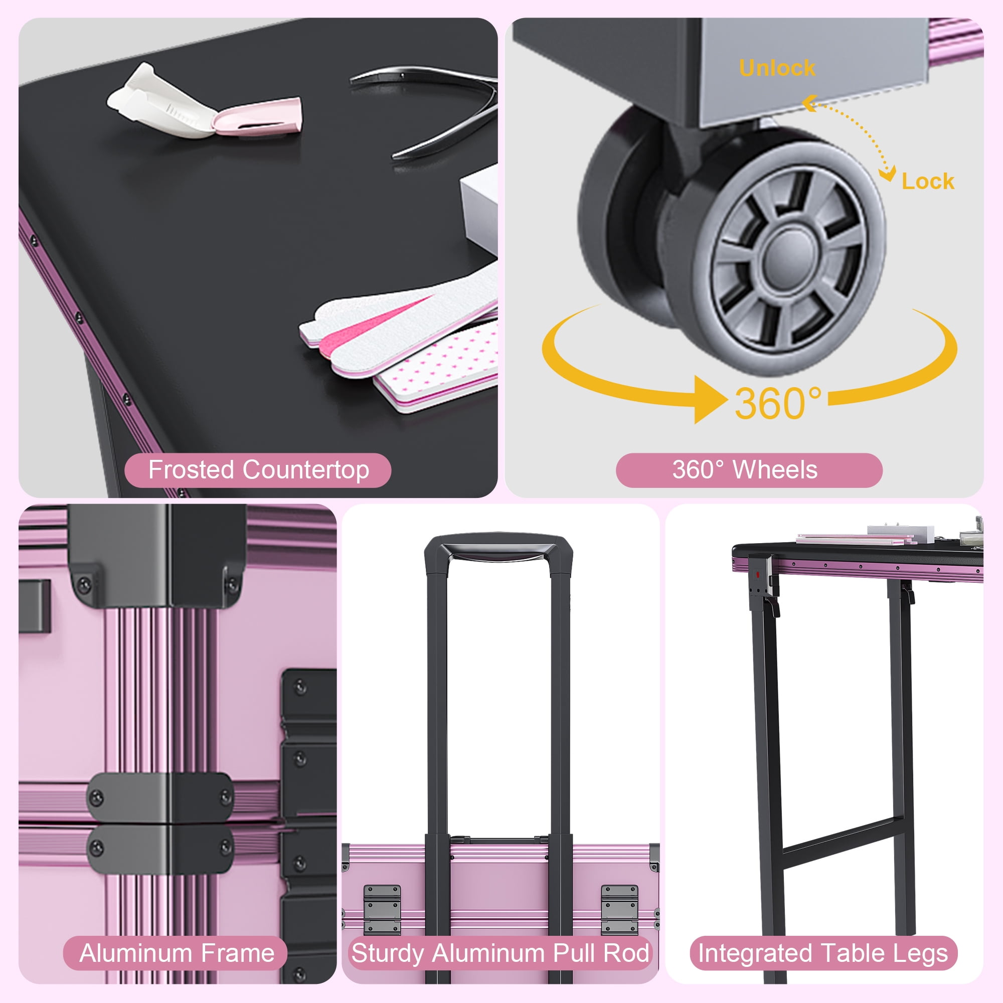 Aukfa Rolling Portable Manicure Table,Folding Nail Table with LED Mirro,Wireless Speaker & Lockable Drawers for Home & Mobile Salon,Pink