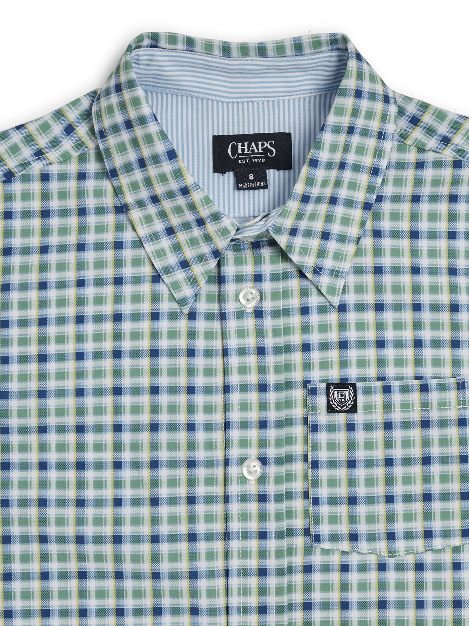 Chaps Boys Stain and Wrinkle Resistant Printed Button Down Shirt with UPF 50, Sizes 4-18