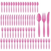 Party City Assorted Disposable Cutlery Set, 64-Piece Set (Bright Pink) - 32 Forks, 16 Knives & 16 Spoons - Go Brightly Heavy Duty Disposable Plastic Forks, Spoons & Knives - Party Supplies Cutlery