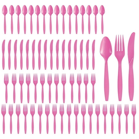 Party City Assorted Disposable Cutlery Set, 64-Piece Set (Bright Pink) - 32 Forks, 16 Knives & 16 Spoons - Go Brightly Heavy Duty Disposable Plastic Forks, Spoons & Knives - Party Supplies Cutlery