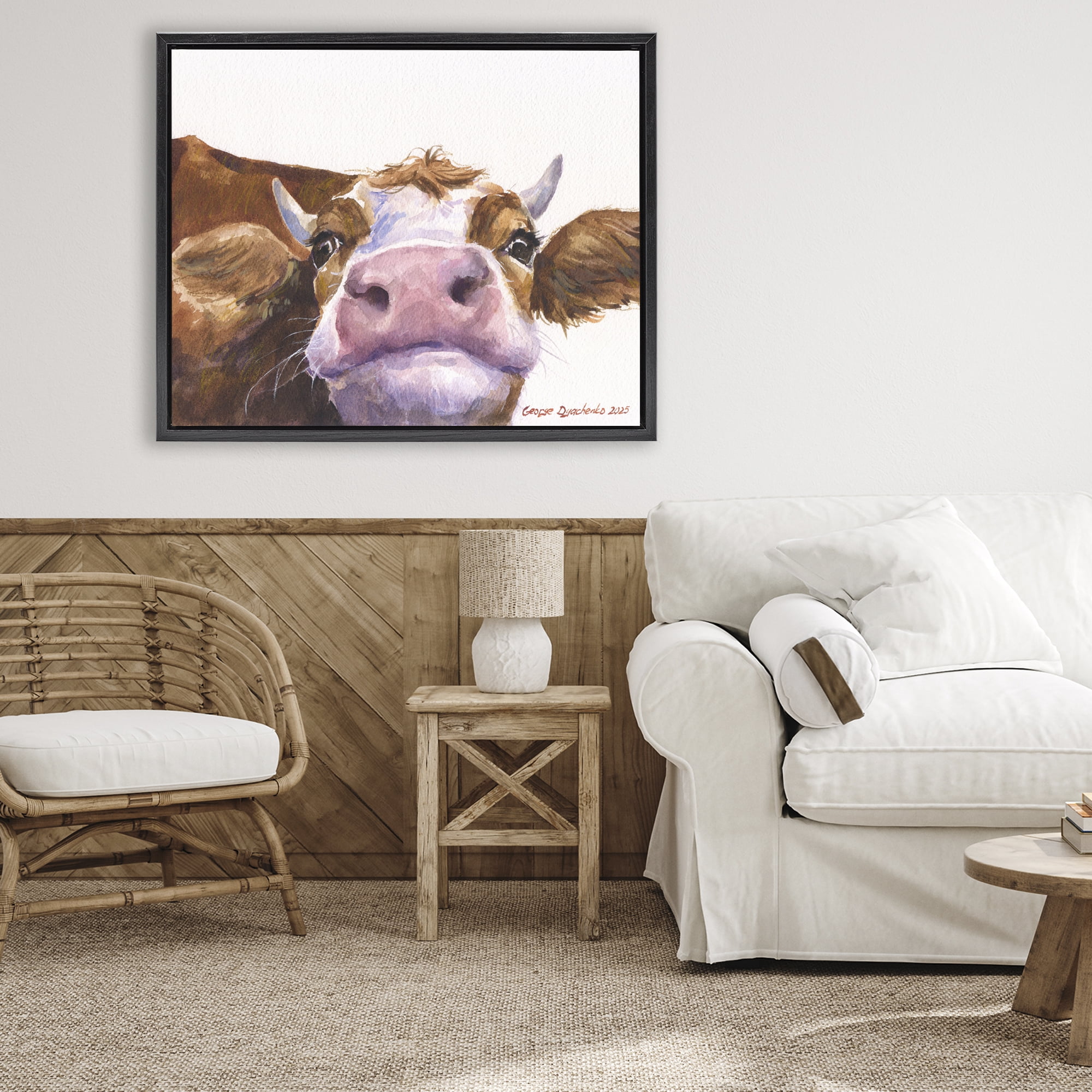 Stupell Industries Cute Cow Close Up Black Framed Floater Canvas Wall Art, design by George Dyachenko