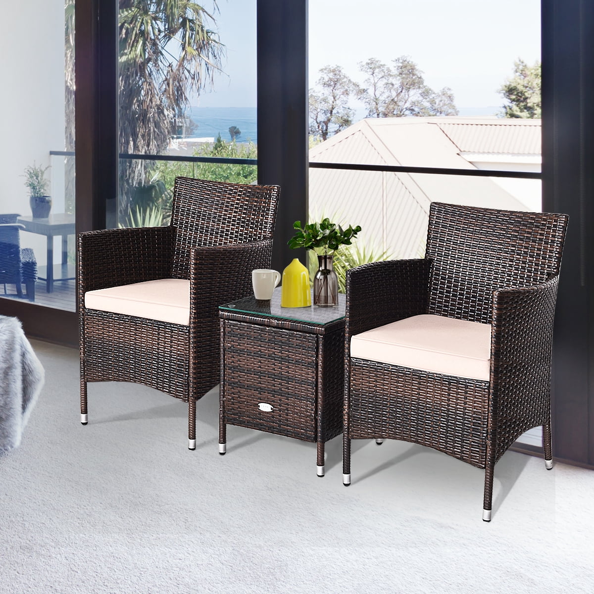 Gymax 3PCS Patio Rattan Chair & Table Furniture Set Outdoor w/ Beige Cushion