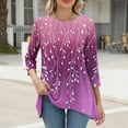 thumbnail image 2 of CYMMPU Loose Fit Round Neck Summer Trendy Shirts 3/4 Sleeve Floral Pattern Spring Tops Blouses for Women Dressy Casual Tunic Tops Flare Hem Hide Belly Tops to Wear with Leggings T-Shirts Purple S, 2 of 6