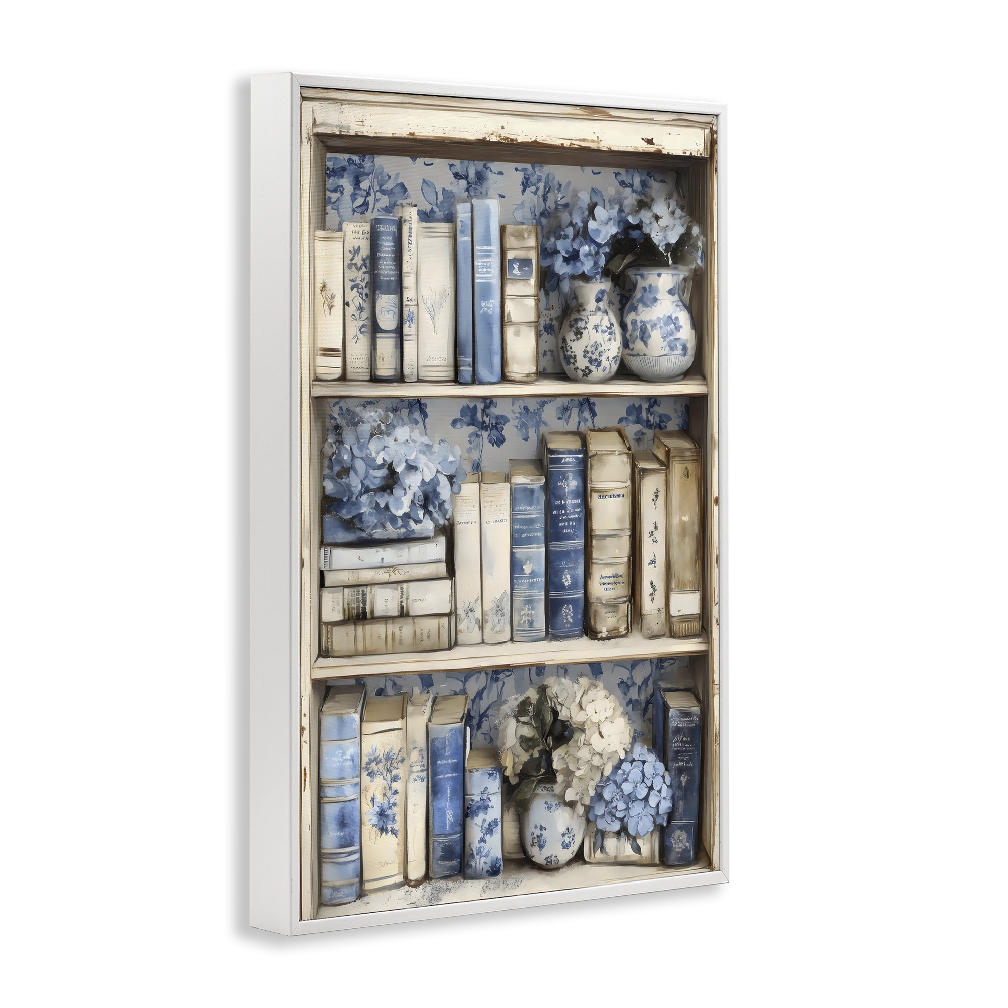 Stupell Industries Blue & Beige Bookcase White Framed Giclee Art, design by LSR Design Studio