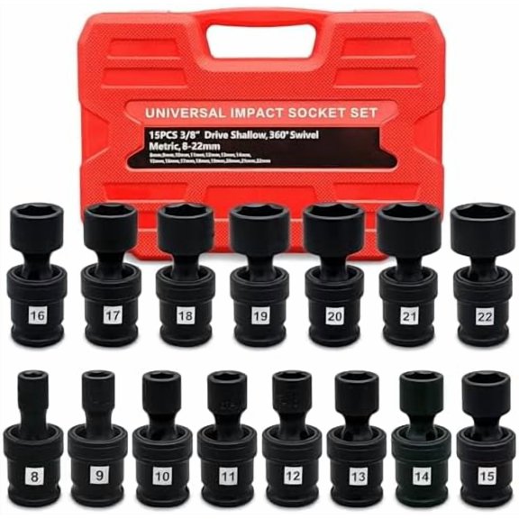 Universal Swivel Impact Socket Set, Premium Cr-Mo Steel | 15-Piece Metric 8mm - 22mm Set | 6 Point | 3/8-Inch Drive$$Tools & Hardware Other