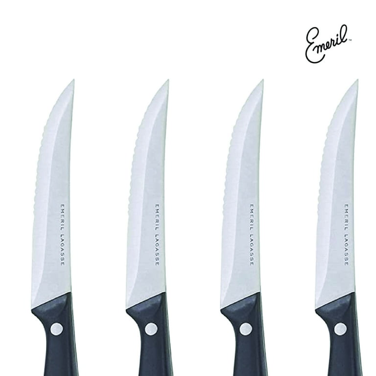 Emeril Lagasse 8-Piece 4.5” Stainless Steel Steak Knife Set (Large Handles)  + Tungsten Carbide Countertop Sharpener (Black) - Slice Effortlessly
