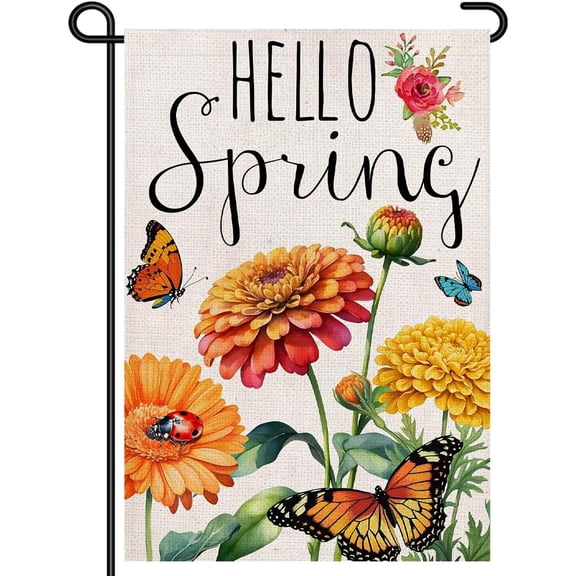 Hello Spring Garden Flag 12x18 Inch Double Sided Burlap Floral Butterfly Yard Outdoor Decor