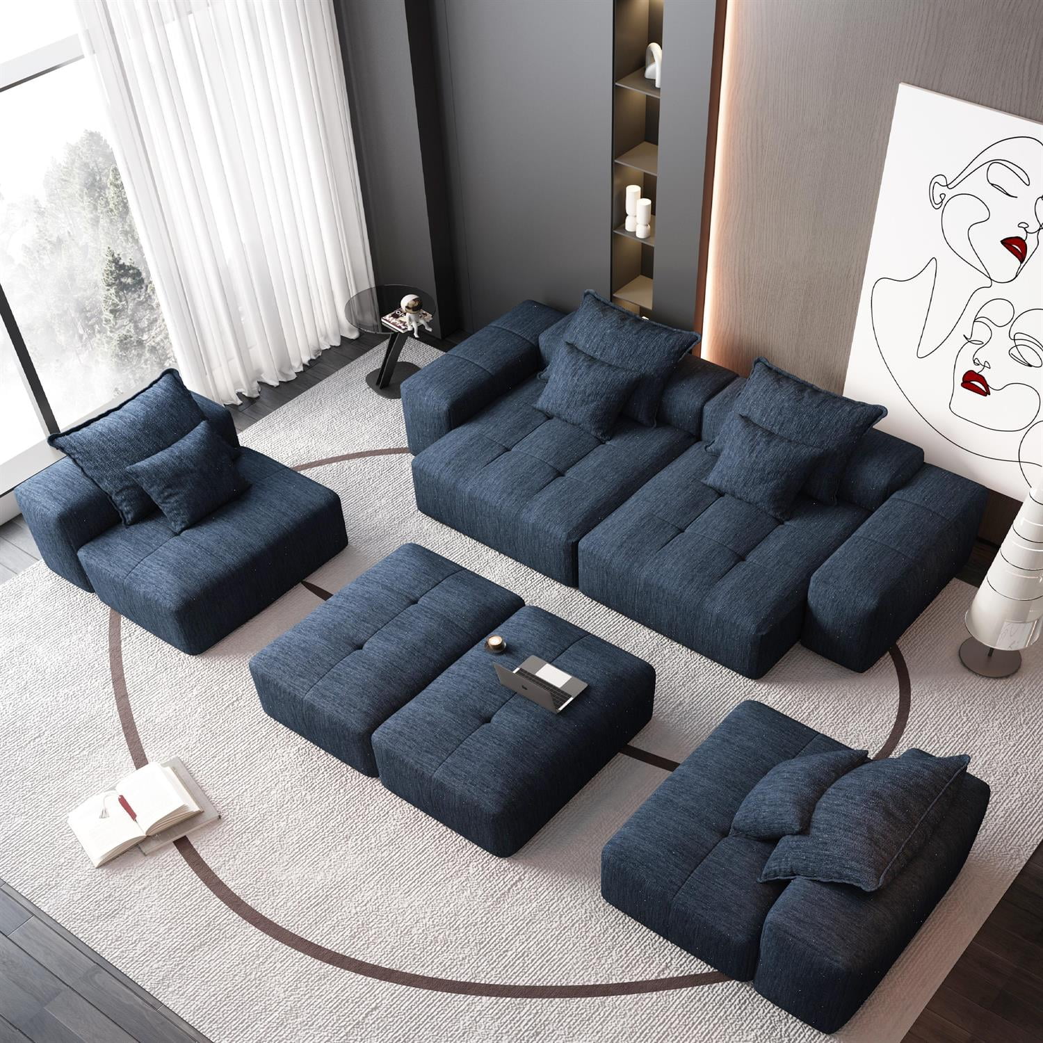 Demi Bonn 127" Modular Sectional Sofa with 8 Throw Pillows, Plush Chenille Upholstery DIY Tufted Couch for Living Room, No Assembly Needed, Blue