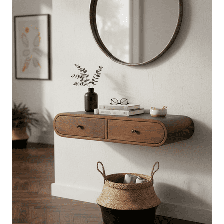 Curved Wall Mounted Console Table with Double Drawers Dark Brown Wooden Floating Shelf