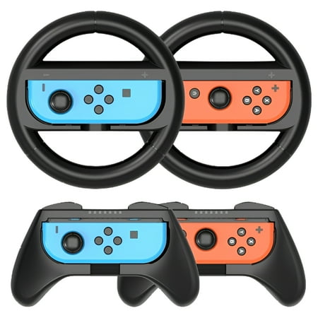 HEYSTOP Wheel Controller for Nintendo Switch & Switch OLED Model 2021 (4 Pack) Joy Con Controller Grip and Switch Steering Wheel for Mario Kart (Black)