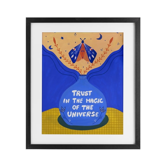 Trust In Magic Of Universe Black Framed Print Under Glass, design by Nabeela Rumi