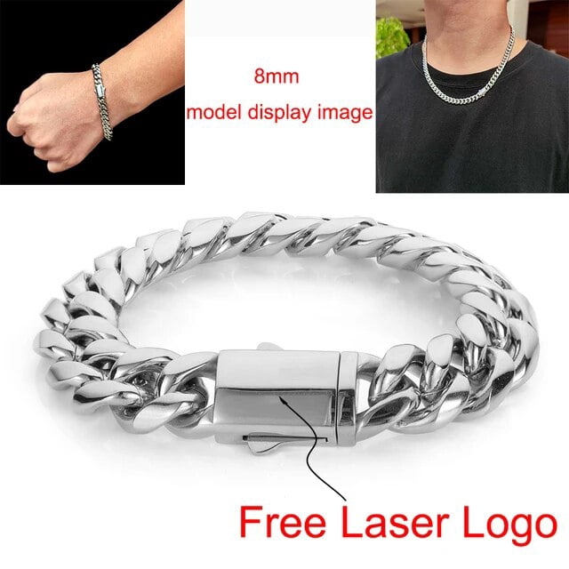 Hip Hop Stainless Steel Cuban Link Chain Necklace For Men Women Cuban Bracelet Jewelry Custom Logo On Front Back
