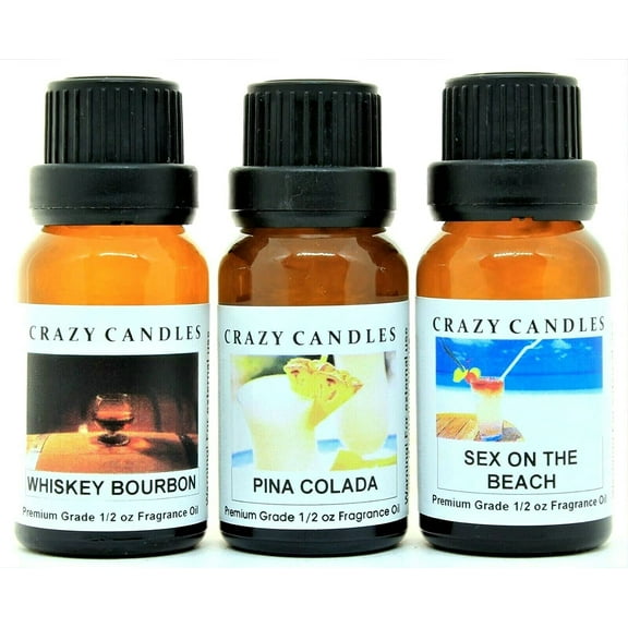 Crazy Candles 3 Bottle Set: Whiskey Bourbon, Pina Colada, Sex on The Beach 1/2 Fl Oz Each (15ml) Premium Grade Scented Fragrance Oil Made in USA