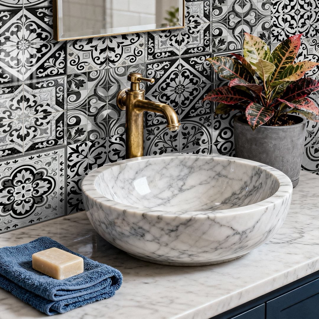 24Pcs Tile Sticker Waterproof Peel and Stick Backsplash 7.87" x 7.87" Gray Black Flowers Pattern Wall Stickers Self Adhesive Decals DIY Decor