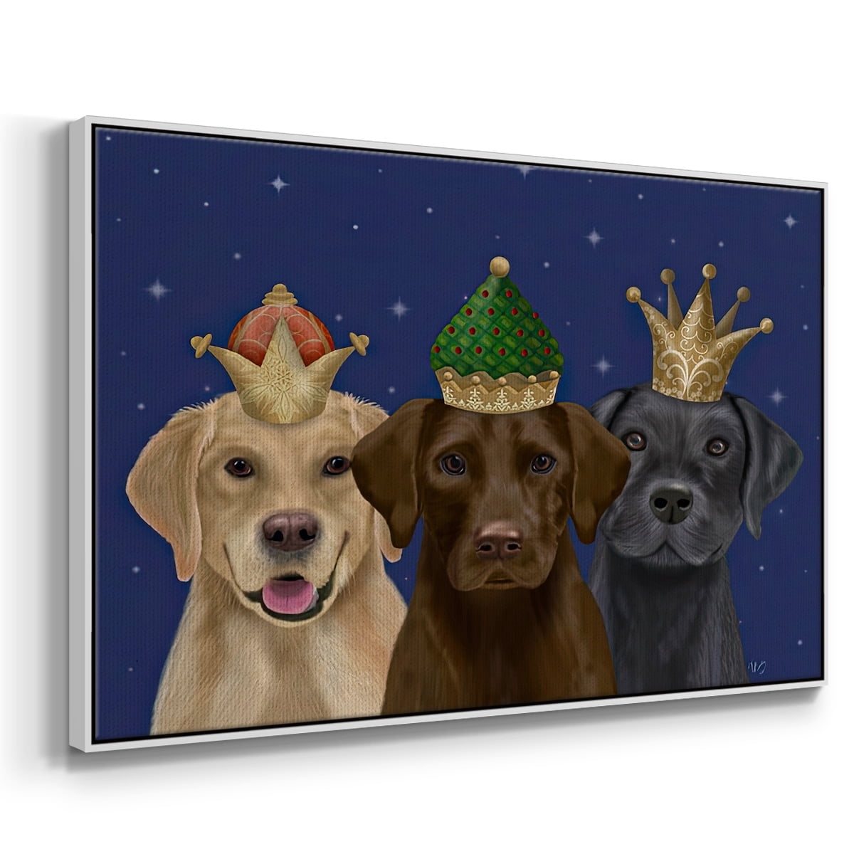 Christmas Labradors, Three Kings - Framed Gallery Wrapped Holiday Canvas - 25 x 37 - White Frame