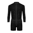 thumbnail image 5 of ZVNAΖH Men's Lace 2-Piece Set Geometric Crochet Long Sleeve Mandarin Collar Shirt & Shorts Summer Beach Vacation Outfit, 5 of 6