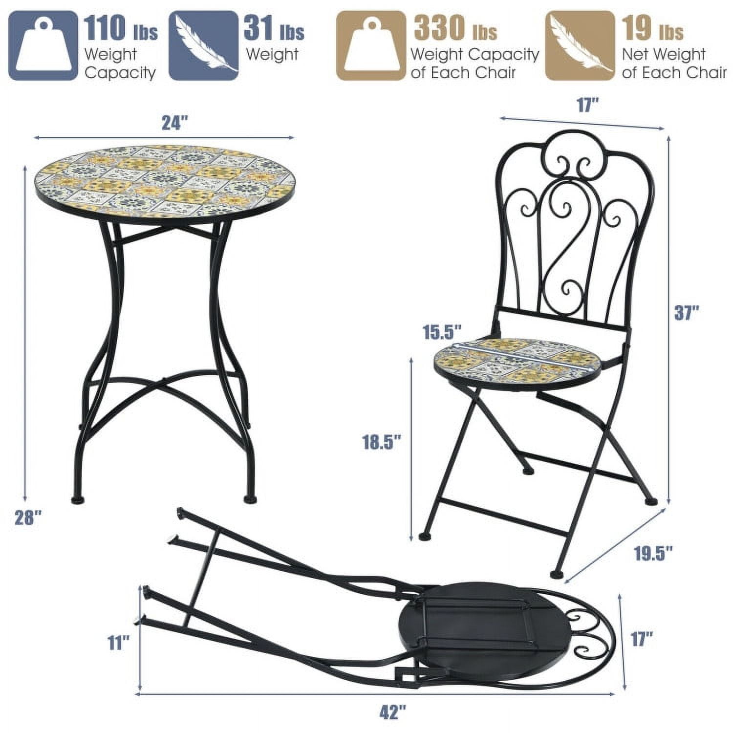 Aimee Lii 3 Pieces Patio Bistro Set with Folding Chairs and Round Table, Patio Conversation Sets, Beige
