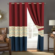 4-Pc Tommi Chevron ZigZag Herringbone Embroidery Curtain Set Blue Red Beige Drape Sheer Liner