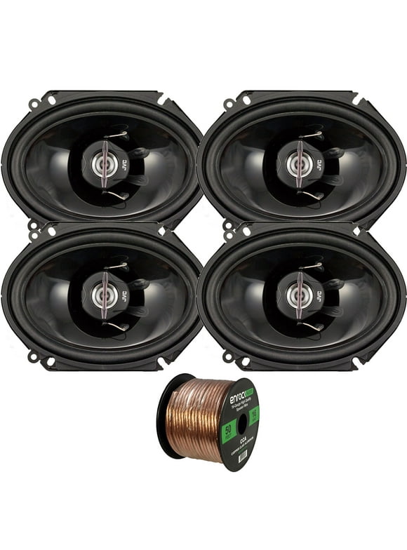2 Pairs (QTY 4) of JVC CS-J6820 6"x8" 250 Watts Max Power 2-Way Coaxial Black Car Audio Speakers Bundle Combo with 16 AWG Gauge 50 Feet Speaker Wire Cable