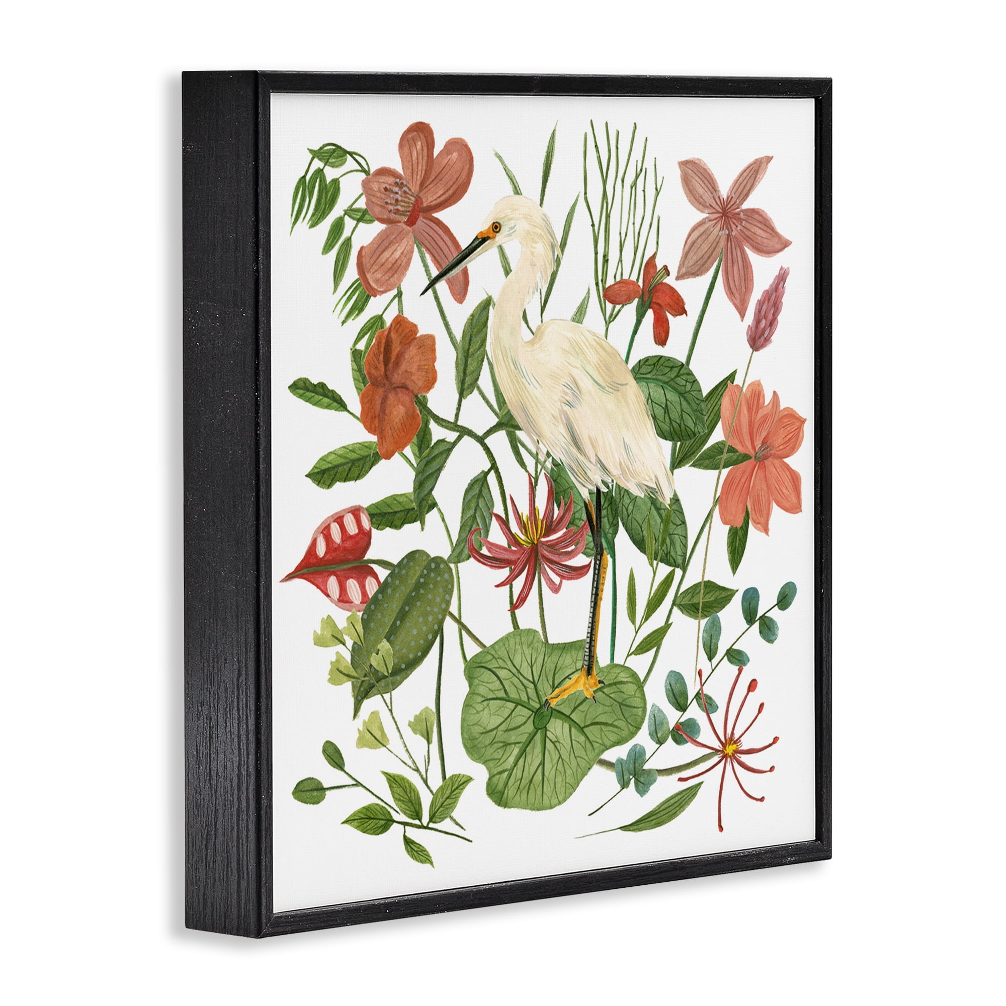 Stupell Industries Heron with Wild Florals Landscape Painting Black Framed Art Print Wall Art, 17 x 17