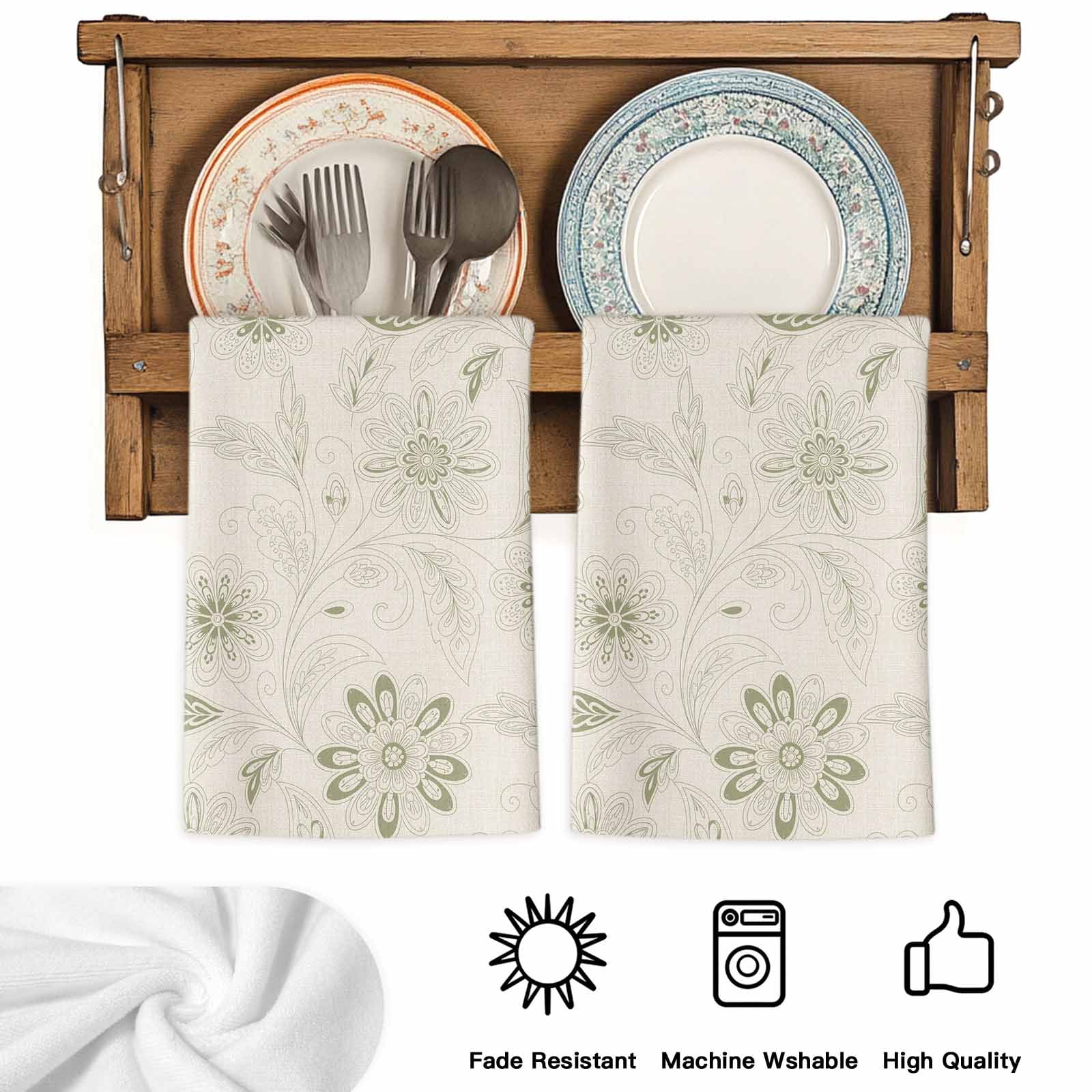 Dish Towels, Sage Green Paisley Pattern Absorbent Kitchen Towels 2 PCS, Boho Tribal Vintage Flowers Microfiber Hand Towels Dish Cloths Tea Towels for Home&nbsp;Bathroom Cleaning Drying,18X28-Inch,