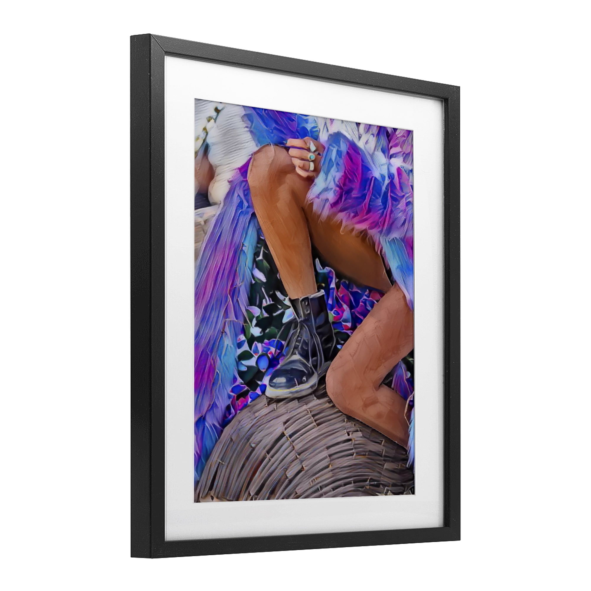 Purple Fur & Boots Black Framed Print Under Glass, design by Jesse Keith