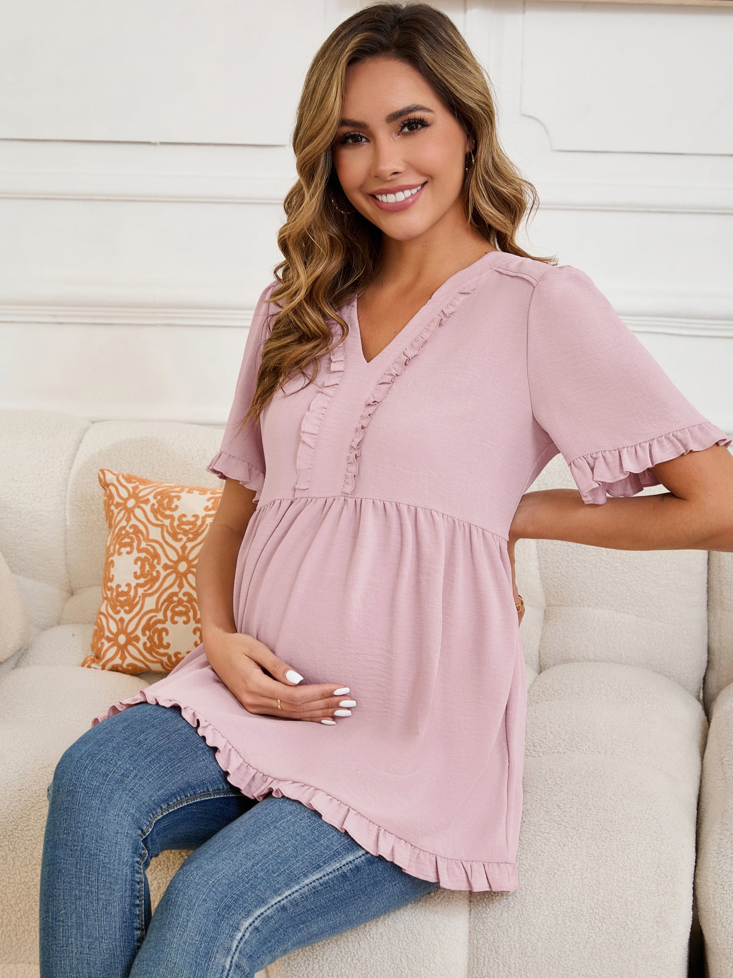 DARING DIVA Women's Boho Ruffled V Neck Short Sleeve Maternity Tops XXL Dusty Pink