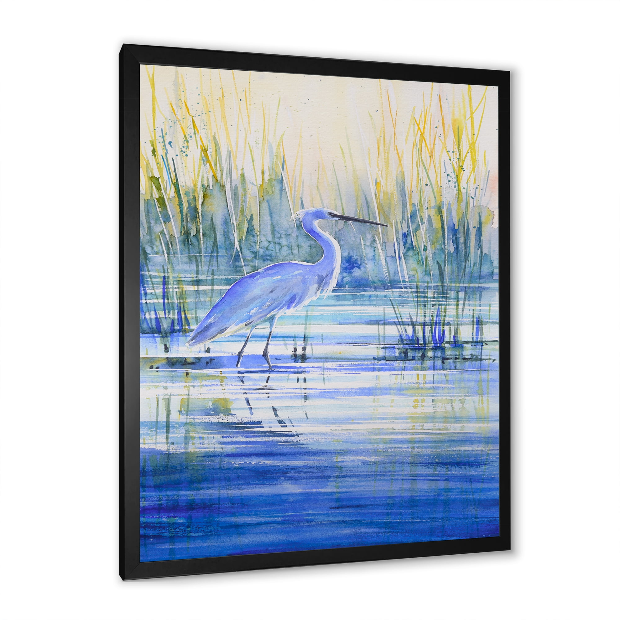 Designart 'Blue Heron On The Lake Shore' Traditional Framed Art Print