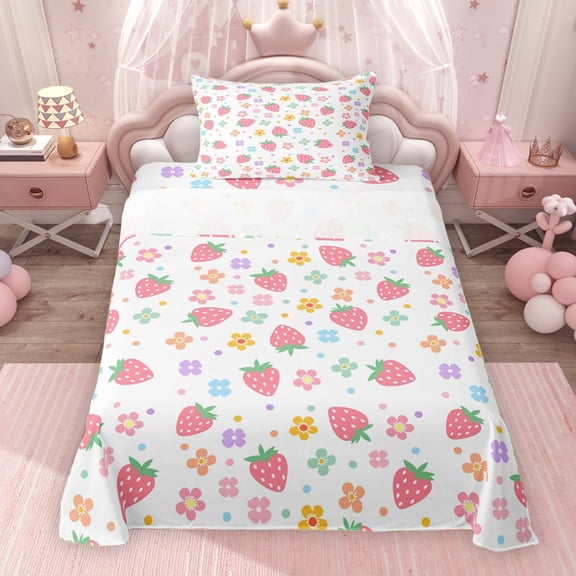 Erosebridal Pink Strawberry Twin Sheet Sets for Girls, Colorful Flower Floral Bedding, 1 Flat Sheet 1 Fitted Sheet and 1 Pillowcase, 3pcs