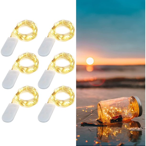 Cadena de luces a batería (7 piezas), blanco cálido, 1 m, 10 luces LED de cadena en cable de cobre, IP65 a prueba de agua, mini luces de cadena LED a batería para fiestas de cumpleaños, bodas, Navidad