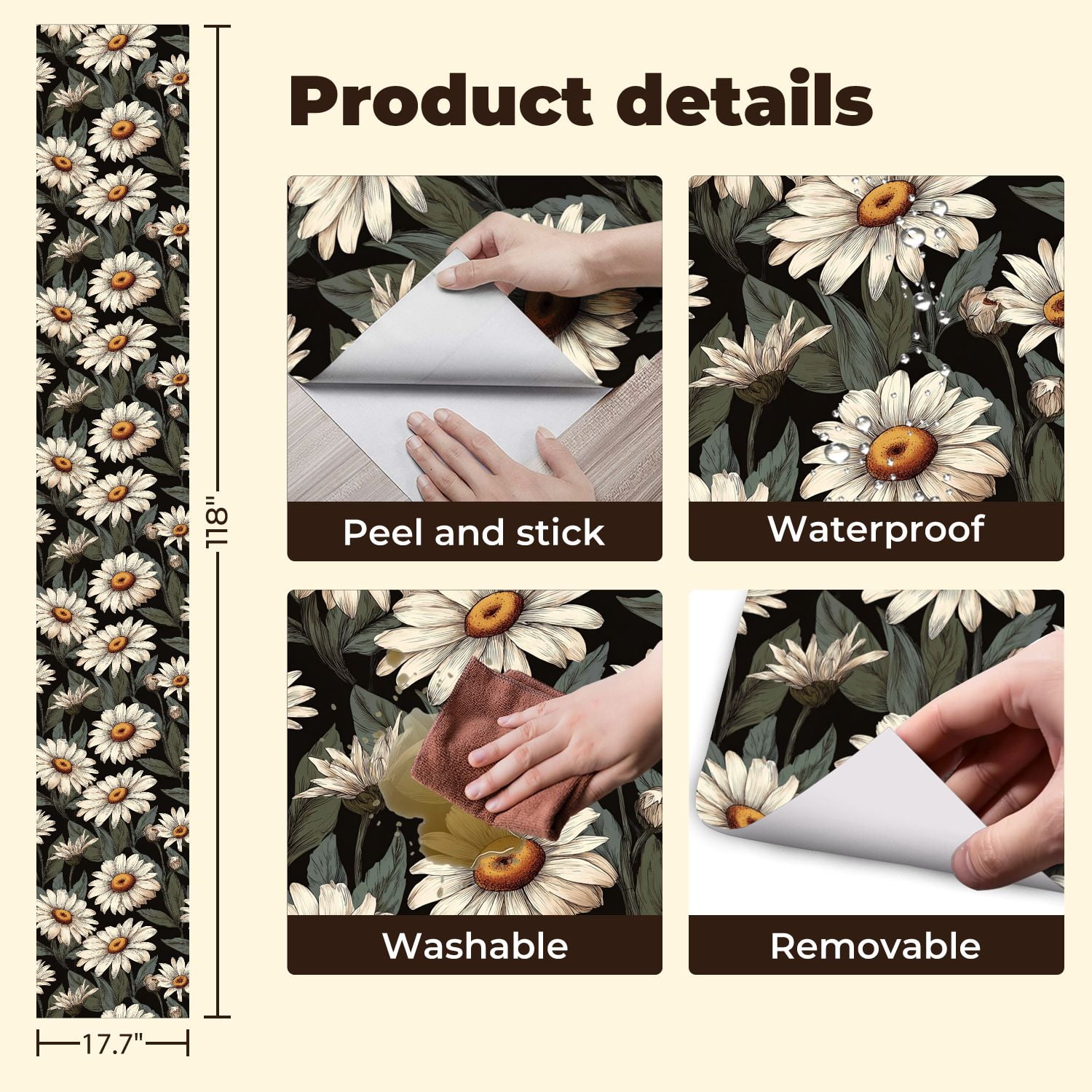 Peel and Stick Wallpaper White Daisy Flowers Green Leaves Black Botanical Wall Mural 17.7in x 9.8ft Self Adhesive Removable Wall Paper Renter Friendly Wallpaper for Nursery Bedroom Cabinets