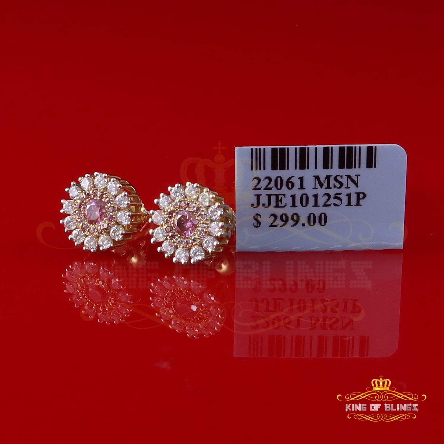 King of Bling's Men's/Women's 925 Silver Yellow 1.00ct VVS D Pink Moissanite Round Stud Earrings