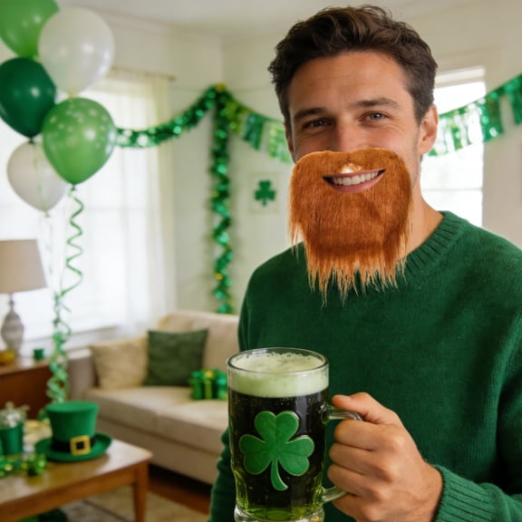 Pgyong St. Patrick's Day Fake Beard with Adjustable Elastic Strap, Realistic Reusable Facial Hair Costume for Halloween & Themed Parties